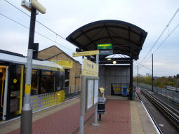 The island platform from the side for trams to Eccles, MediaCityUK and The Trafford Centre