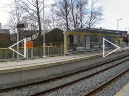 Auto-stitched panorama of the platform for trams to Rochdale (and on the far-left looking along the platforms for trams to Manchester)